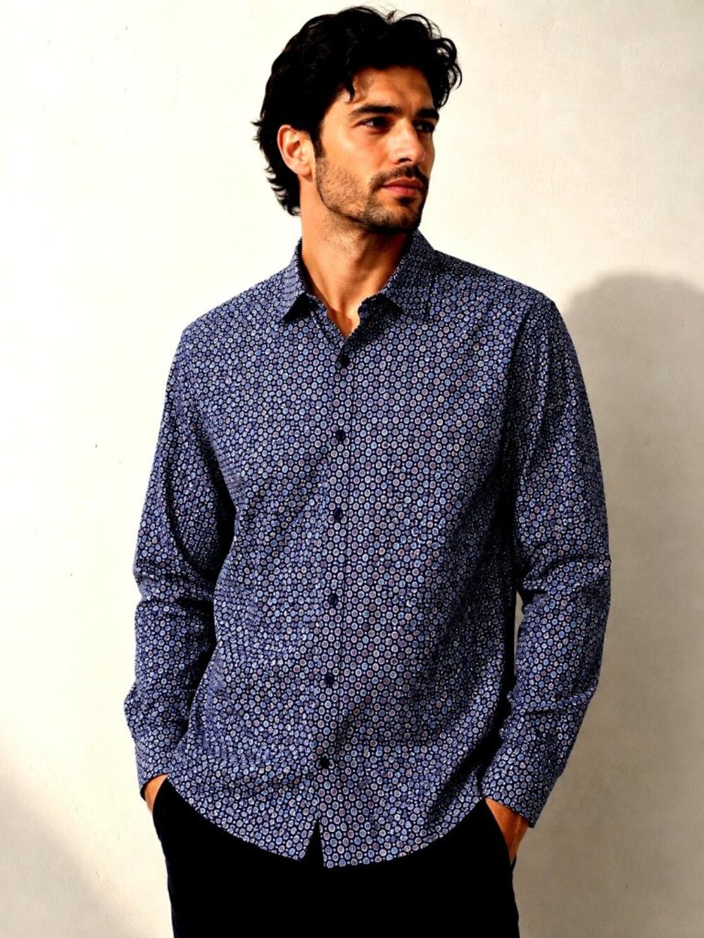 Shirt Geometric Floral Blue Luxury Long Sleeve Button Up Soul of London Men XXL